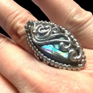 Gorgeous Large  Silver and Laborite with Wire Wrap Design Ring sz 8